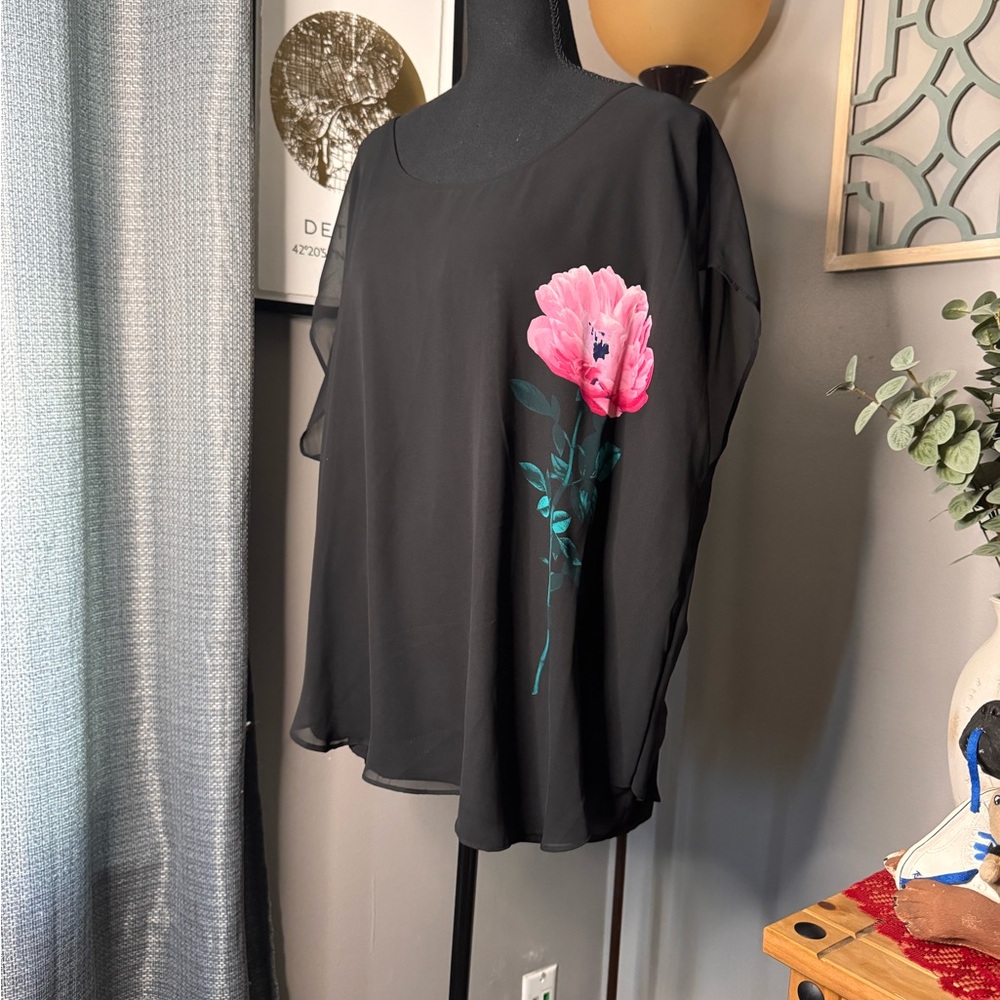Calvin Klein Black Blouse with Pink Floral Accent